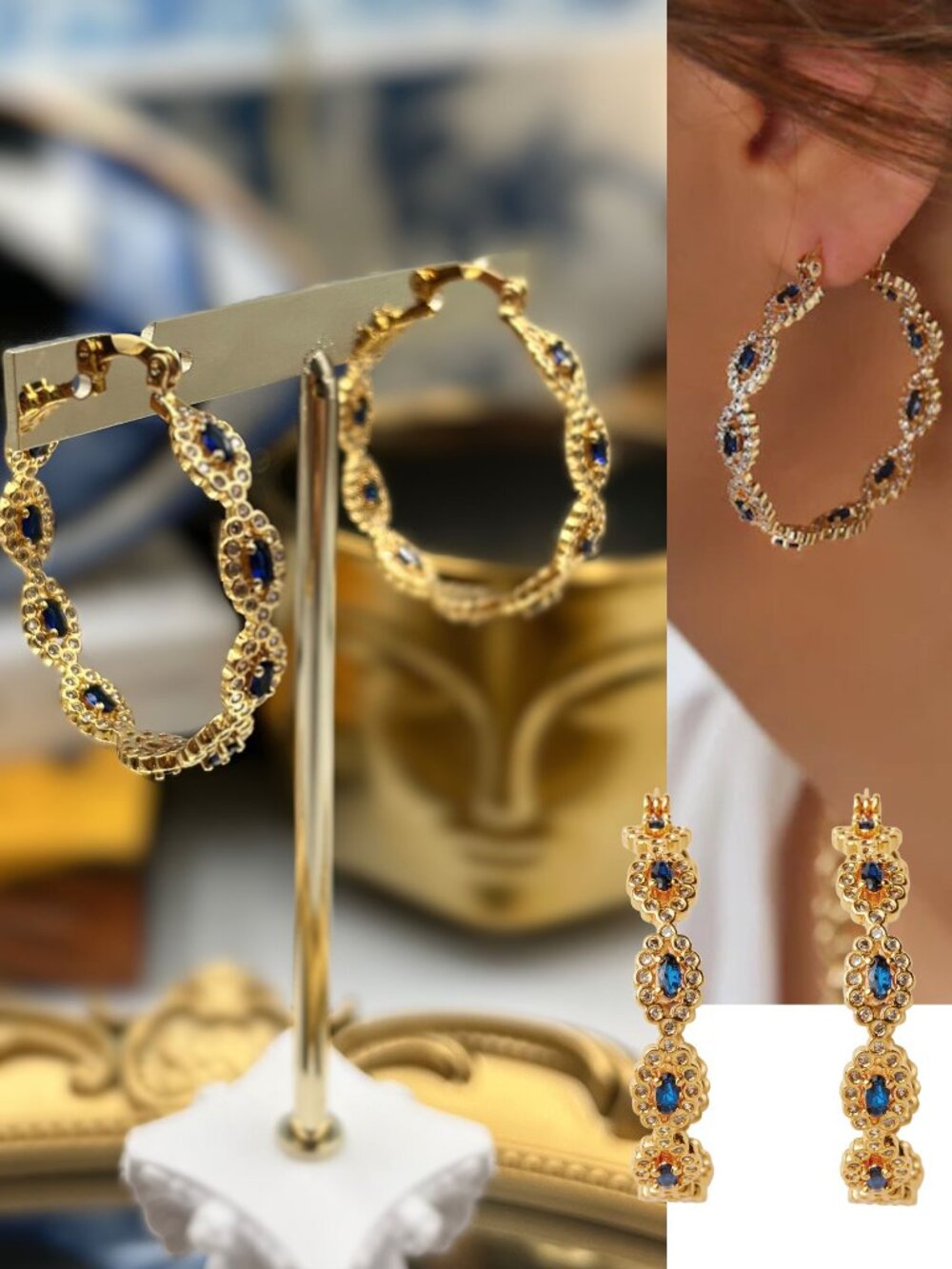 🆕 CRYSTAL HAZE 🧿 NWT Evil Eye Hoops, Blue & White Crystal Gold Hoops
